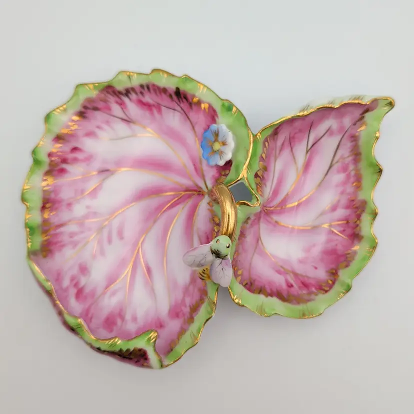 Vtg Pink Double Leaf Shaped Bumble Bee Blue Flower Catchall Trinket Dish