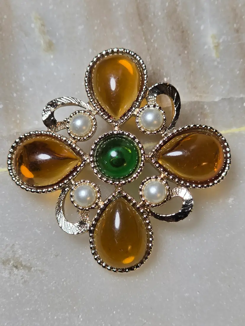 Vintage Emmons Amber & Green Cabochon Brooch
