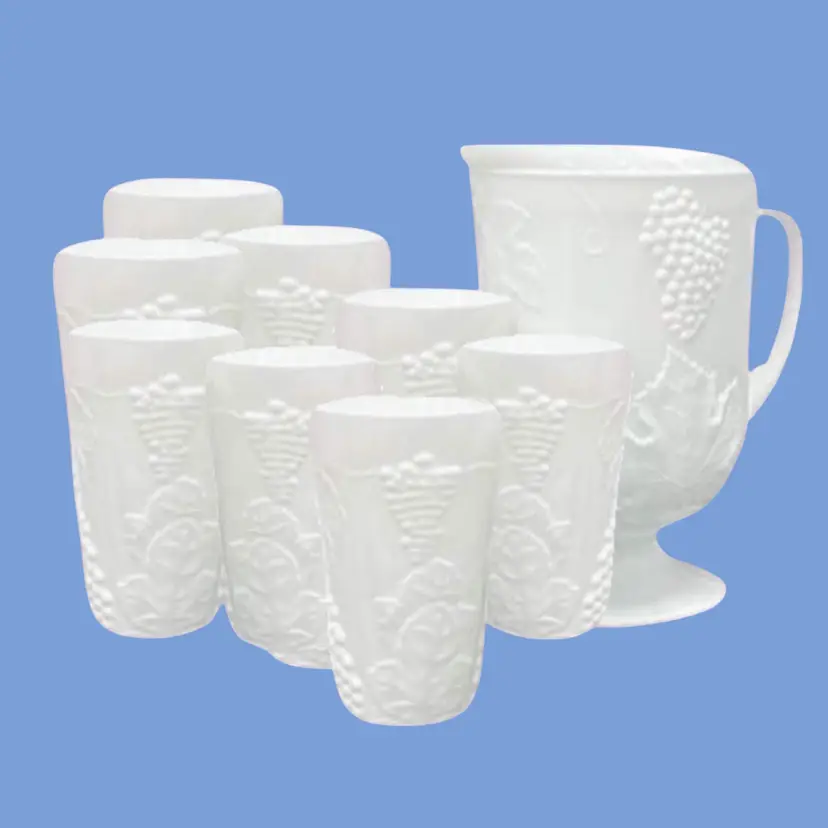 #214- Milk Glass Beverage Set Pitcher 8pc Tumblers“Colony Harvest” By Indiana Glass 1960s Embossed Grapes and Leaves Pattern