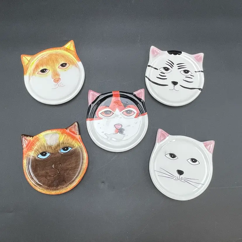 Cat Kitty Kitten Face Head Coasters Trinket Dish VTG Bandwagon Inc VTG Set of 5
