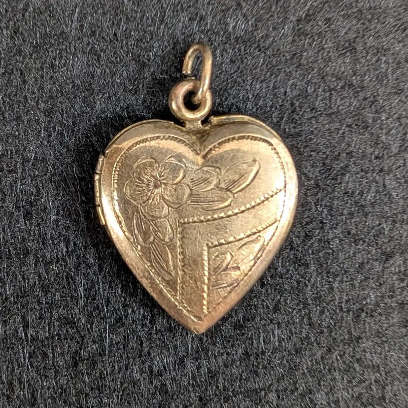 Vintage 1/20 10k GF on Sterling Etched Flower Design Heart Shaped Locket Pendant