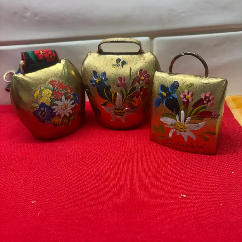 3 Vtg Swiss Cowbells Brass - Hand Painted