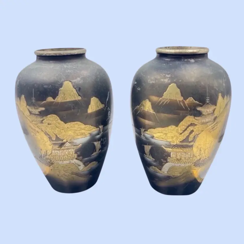 #073- Vintage Black Brass Vase Pair
Etched Mountains Waterfalls Temple Boat 
Signed By Artist 
Japan