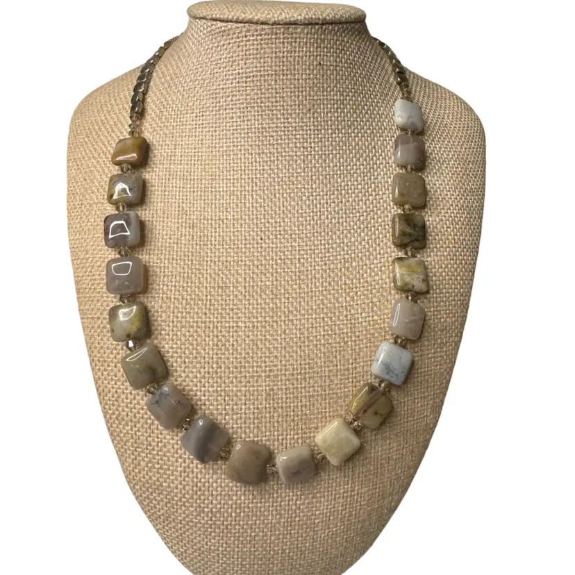 Vintage Natural Agate & Chalcedony Square Bead Necklace With Glass Bead Spacers– 925 Sterling Silver Clasp, Earth Tone Statement Jewelry