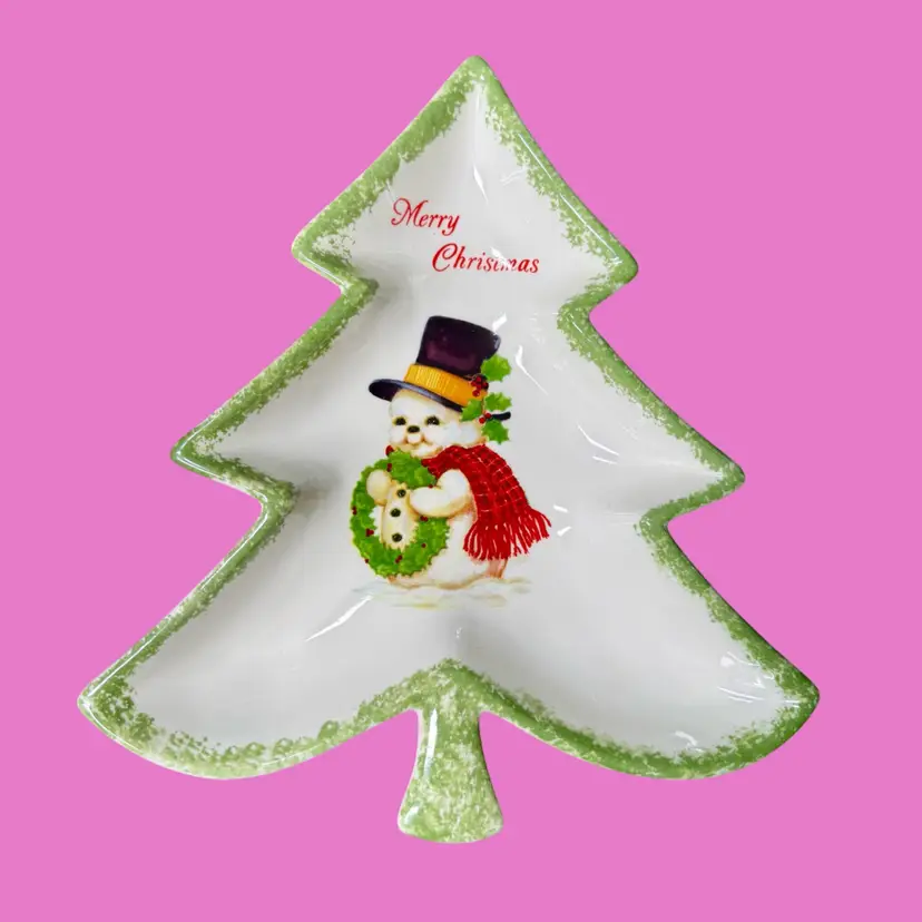 9.5” Vintage Christmas Tree Shaped Ceramic Trinket Dish, Kitsch Snowman