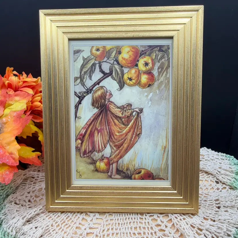 🐞Vtg Apple Tree Flower Fairy Gold Ribbed Framed Art Print In Gold Tone Frame- Signed