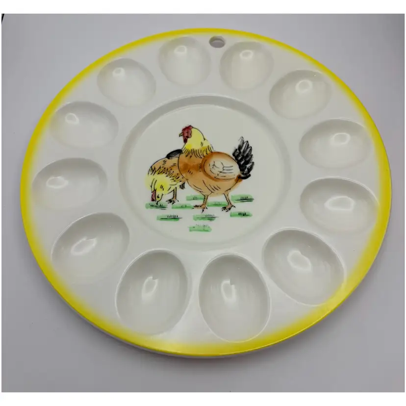 Vintage Deviled Egg Plate Ceramic with Chickens in Center 9”