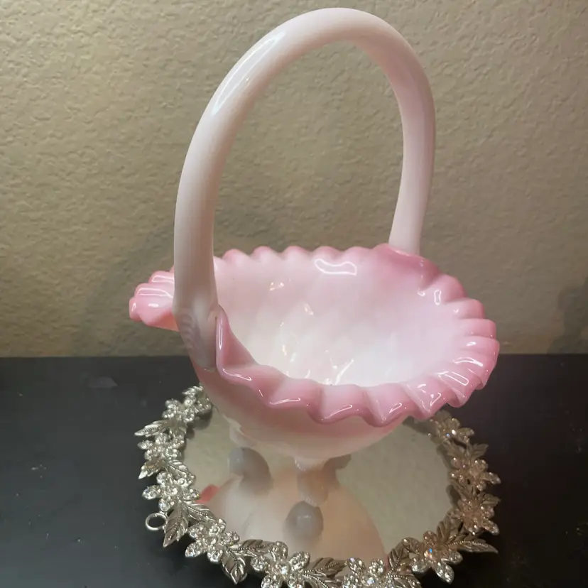 Gorgeous Fenton Rosaline Glass Crimped Wedding Basket