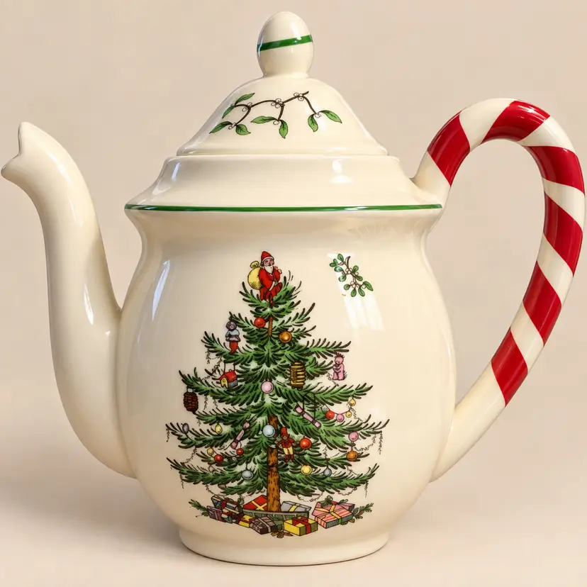 Spode Christmas Tree Teapot with Candy Cane Stripe Handle & Mistletoe Lid 8” Tall