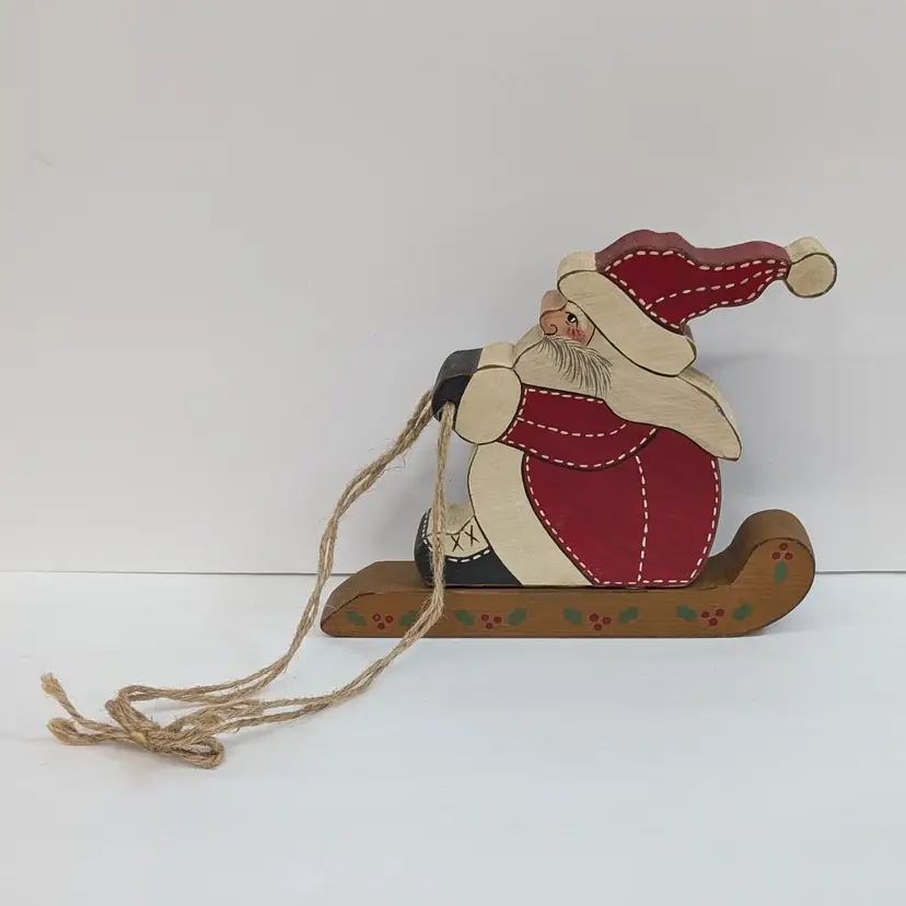Vintage Wood Hand Painted Santa Claus on a Sled Shelf Sitter Christmas 9x7x1.5"