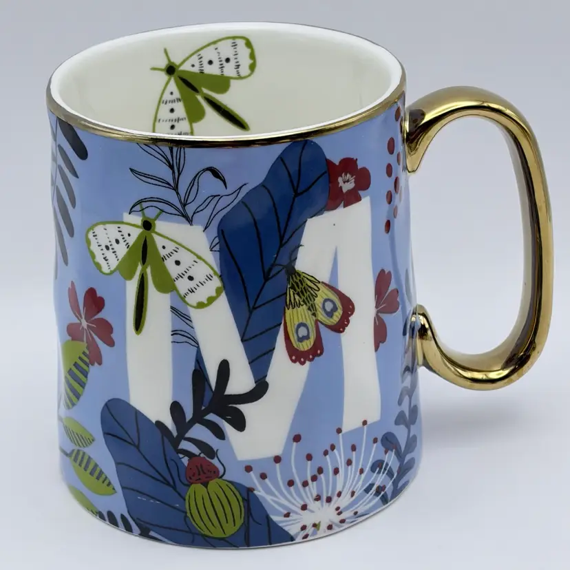 SH Home, Blue, Ceramic, Letter “M” Mug, Insect/Floral, Gold Handle/Rim, 16oz