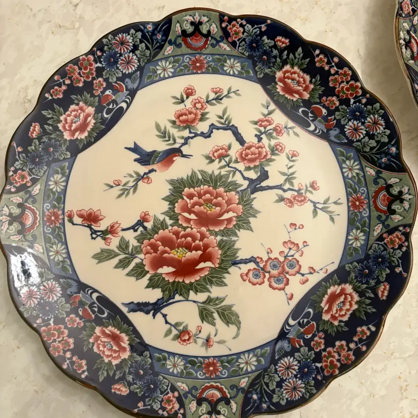 Vtg Japanese Imari Charger Plate Bird & Peony Floral Scalloped Edge