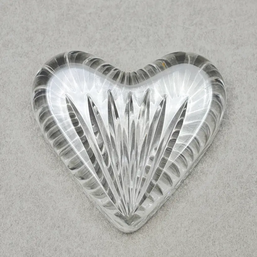 Vintage Clear Cut Crystal Heart Shaped Paperweight With Fan and Starburst Design