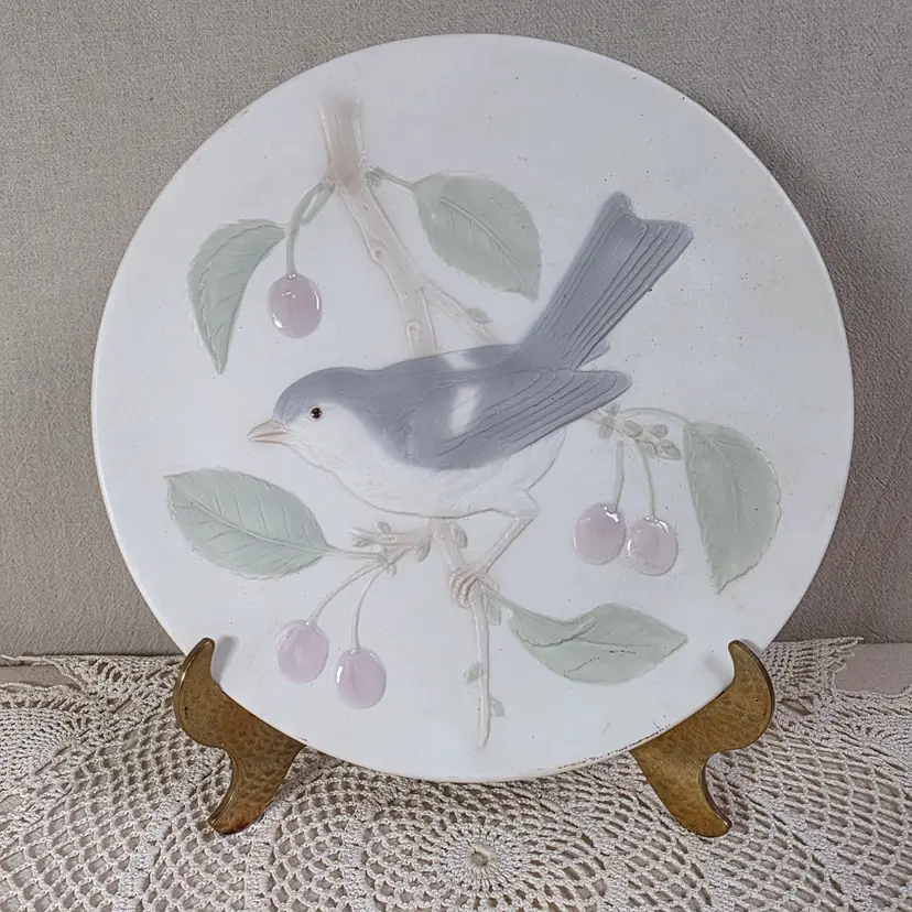 Bluebird On A Cherry Branch Collectors Plate Matte Bisque Porcelain 7.75" Diameter Made In Japan Crowning Touch Collection