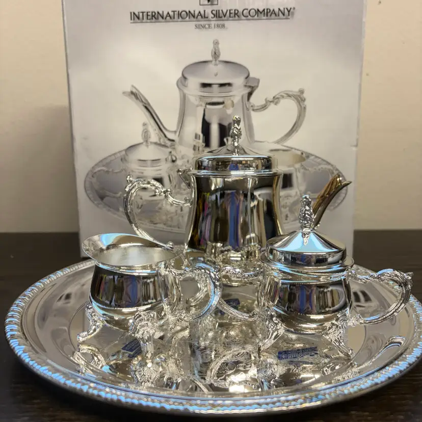 NEW IN BOX International Silver Co. Child's Miniature Silverplate Tea Set 4 Pc - Tray Teapot Sugar Creamer