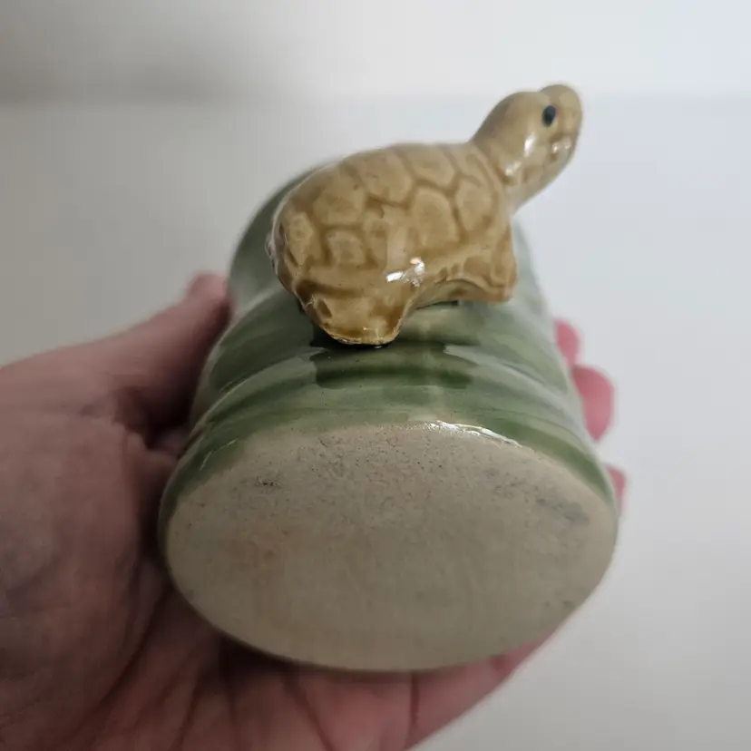 Vintage Ceramic Succulent Planter Turtle and Bamboo Decorated Small