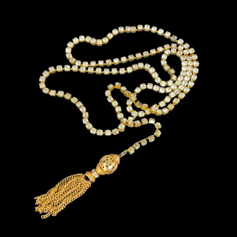 Fab Rhinestone Chain Tassel Necklace  38”