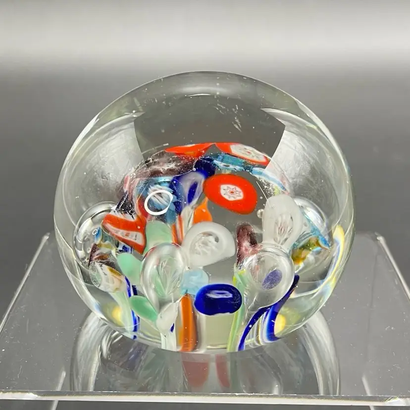 Lenwile Ardalt Glass Paperweight Japanese Ribbon Millefiore Flower Original Label