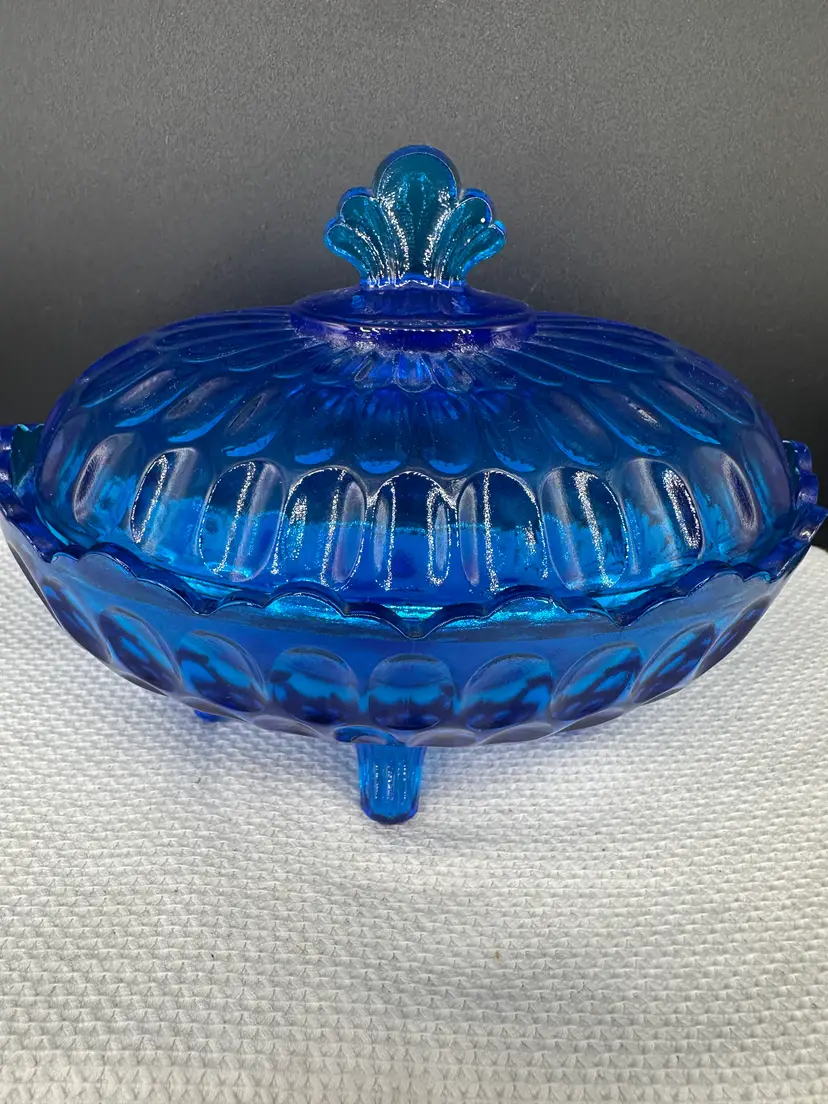Vintage Fenton Colonial Blue Thumbprint Oval Footed Covered Candy Dish