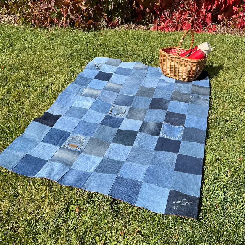 Handmade Denim Picnic Blanket, Repurposed jeans, Pet Friendly, Beach Blanket