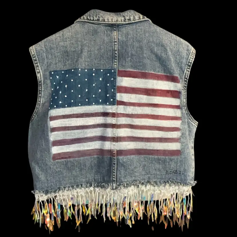 Original Watercolor Denim VEST in PATRIOTIC Theme With Fireworks On Front Pocket