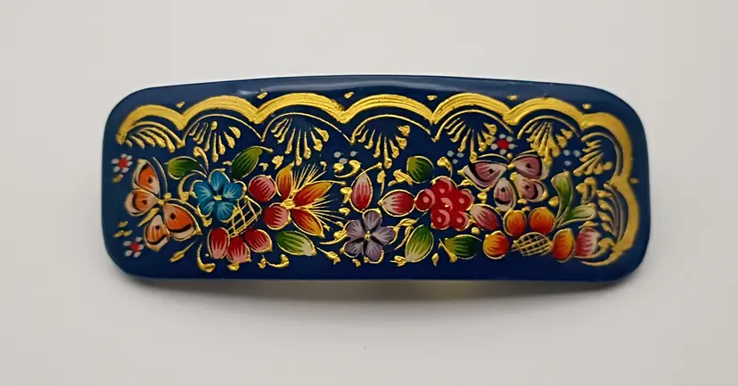 NOS  3.75” Wood Barrette ~ Costa Rica ~ Hand Painted 24 k Gold Lacquered