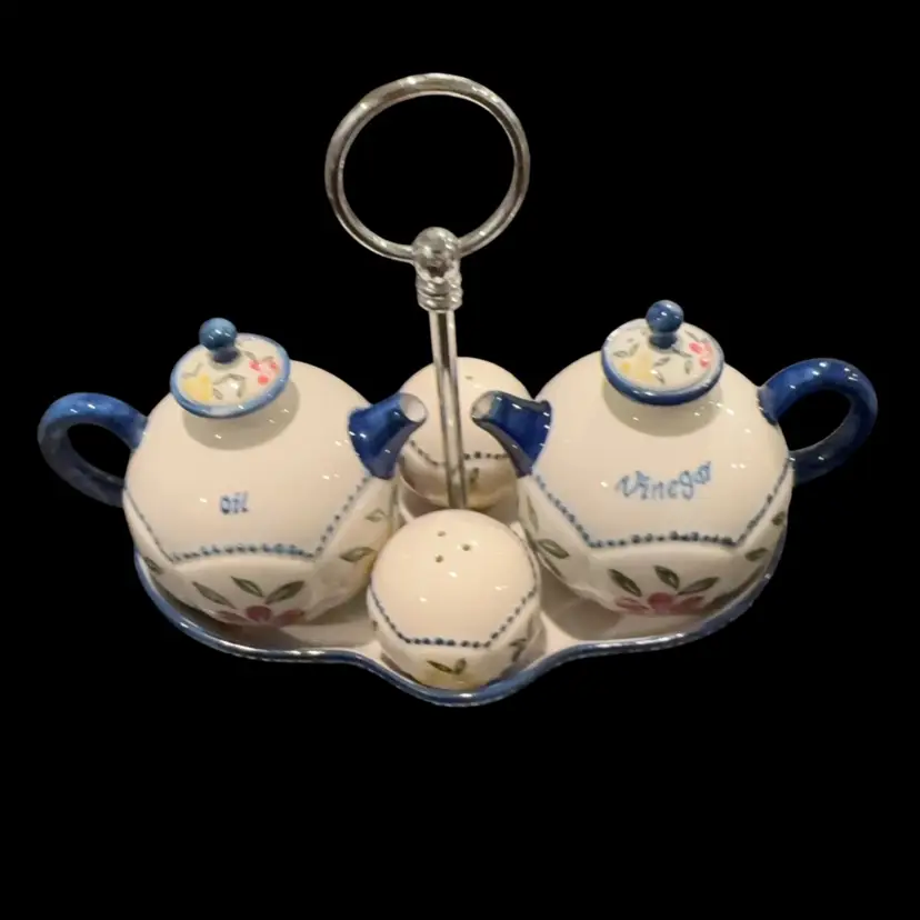 063 Pier 1 Oil & Vinegar Cruet With Salt & Pepper In Caddy.