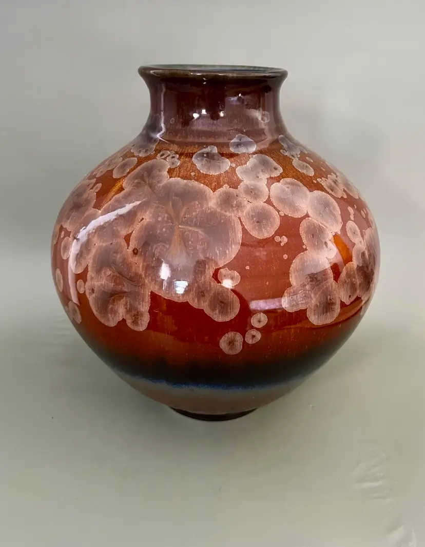 Bill Campbell Pottery Crystalline Vase Flambeaux Brown Ivory Blue Drip 8 Inches