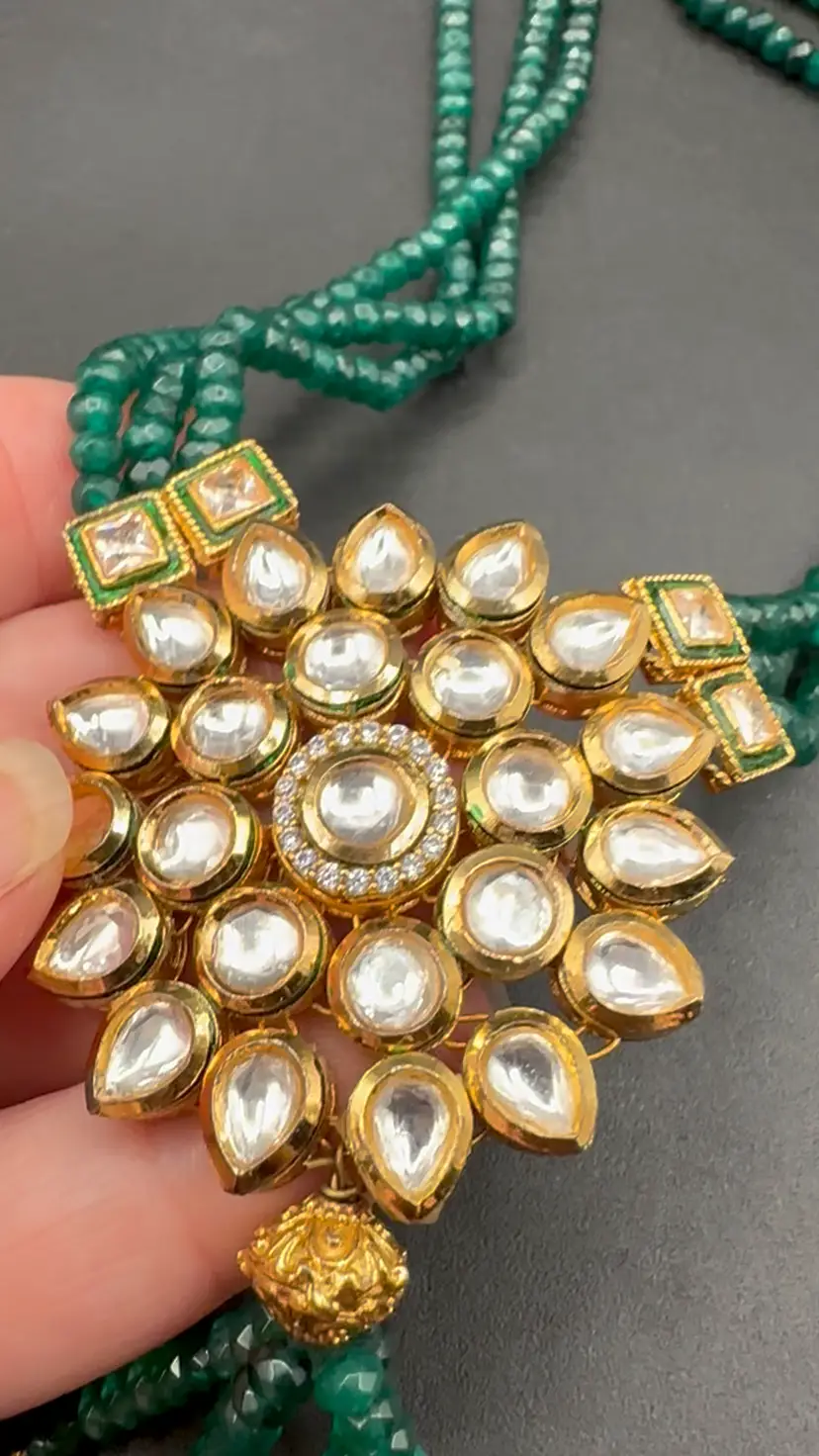 Emerald Green Polki Kundan Rhinestone Medallion Statement Necklace 32”