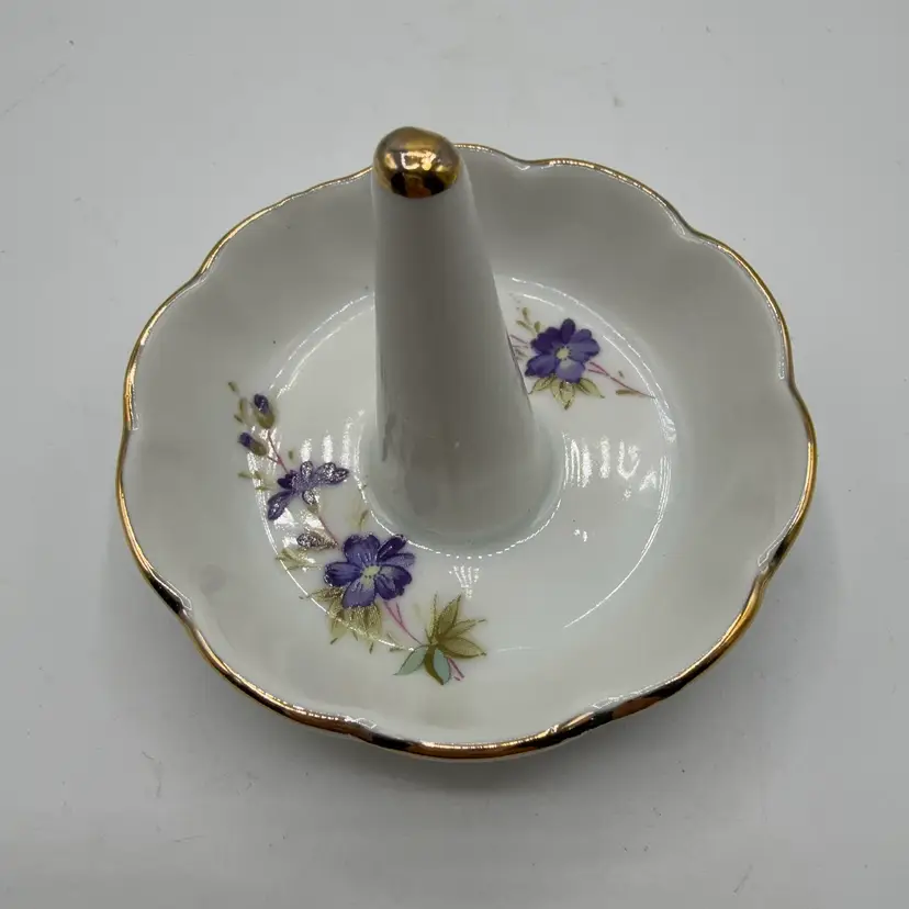 Lefton Japan Ring Holder Trinket Dish Purple Flowers