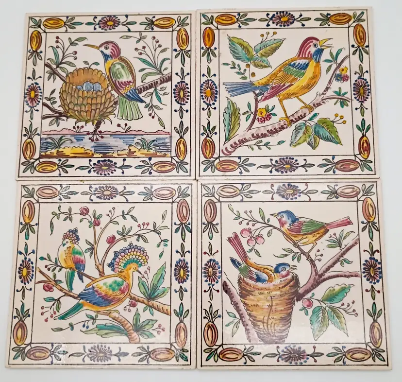 4 Vintage Hand Painted Tiles ~ 4 Different Bird Designs Colorful Portugal Square