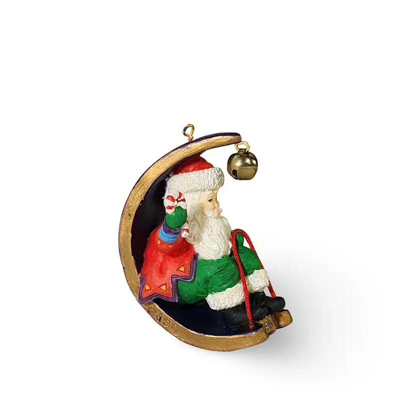MIDNIGHT RIDE Christmas Ornament Vintage 1998 Carlton Cards Santa on Sled Moon Shaped w Jingle Bell