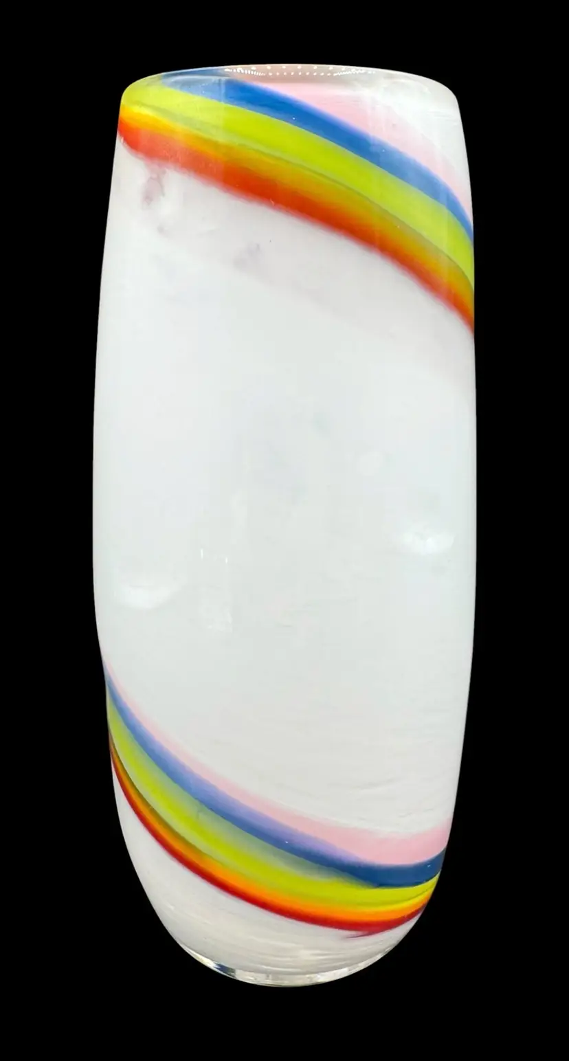 Handblown Studio Art Glass Vase White Rainbow Swirl Cylinder Pride Colorful 7”