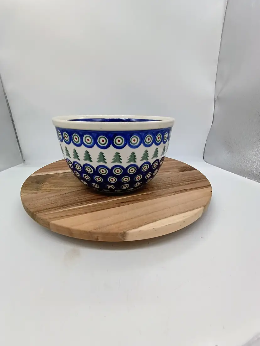 Polish Pottery Boleslawiec  4 Qt Mixing Serving Bowl Unikat c8 Pine Trees & Peacock. NWT