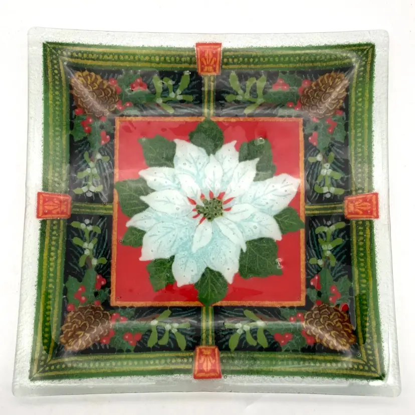 BIN -  Peggy Karr White.Poinsettia Christmas Square Plate Fused Glass 9 3/4" Signed PKG '05