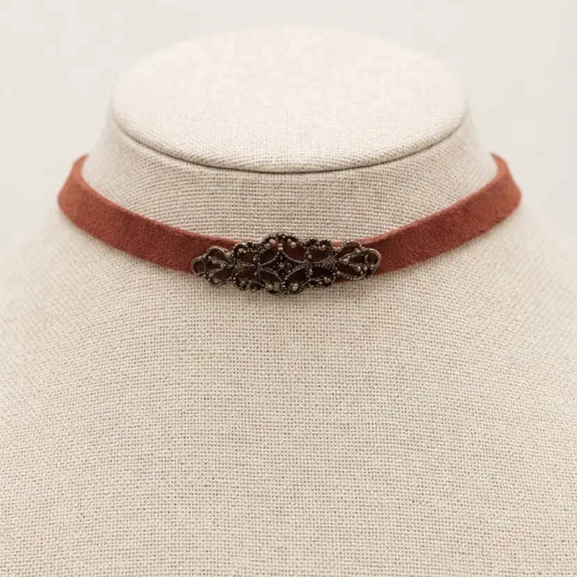 139. Vintage Antiqued Silver Filigree Accent Berry Red Suede Choker Necklace