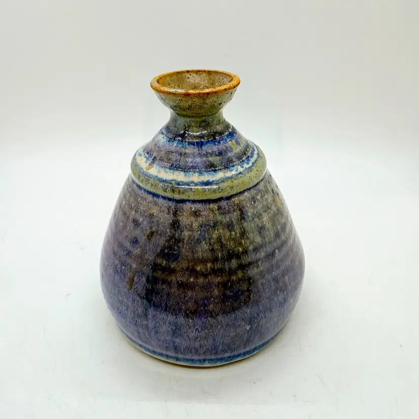 Studio Art Pottery Bud Vase Weed Pot Blue Purple Drip Stoneware Signed 4.5"