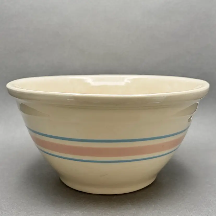 Vintage McCoy Pottery 1970s Pink and Blue Striped Stoneware Mixing Bowl