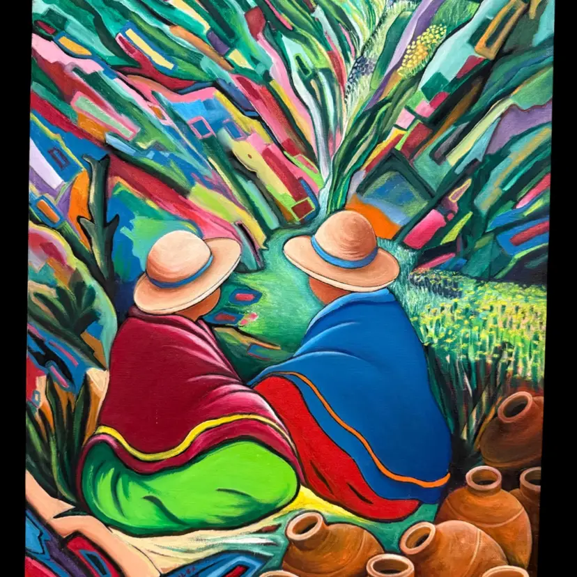 Hand Painted Canvas Depicting Peruvian Folk Art