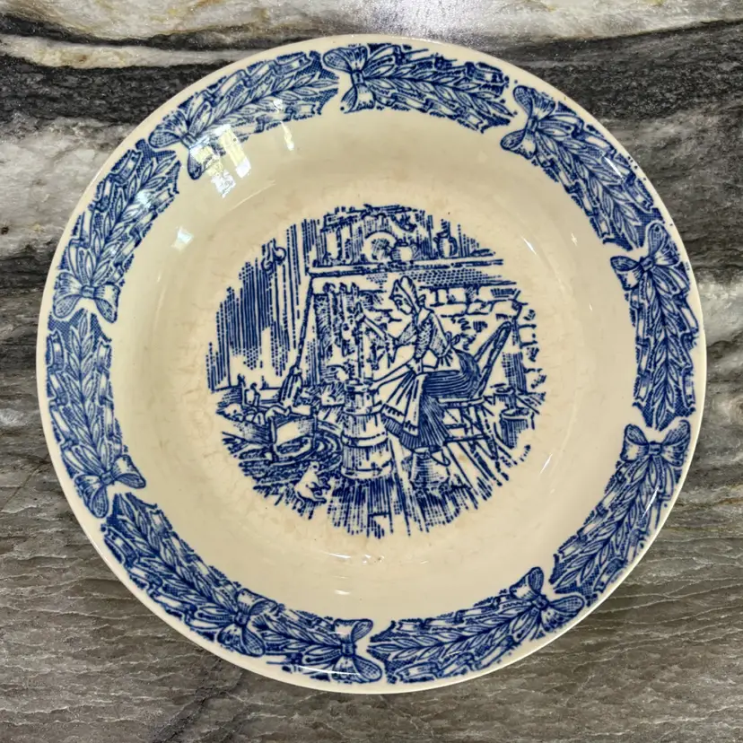 Universal Cambridge Camwood Ivory Blue Transferware 7.5” Soup Bowls in the Colonial Kitchen Pattern, 1930-40. Set Of 2