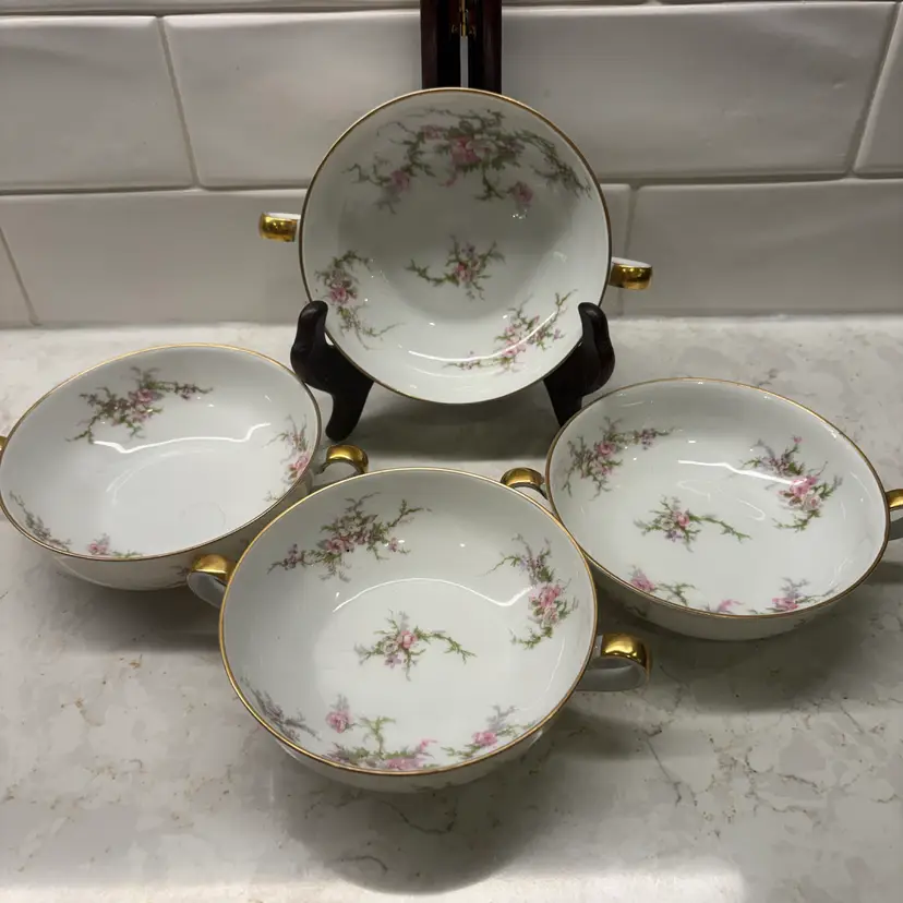 4 Theodore Haviland Rosalinde Bouillon Bowls Pink Roses Gold France