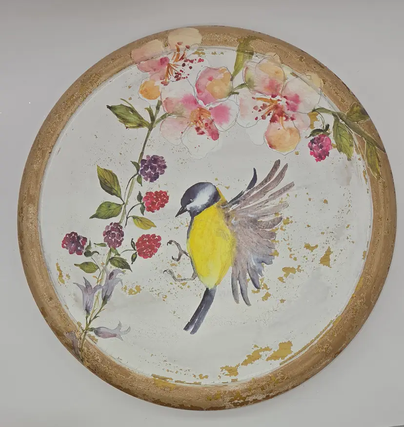 Vintage Lazy Susan repainted w/bird & berries design