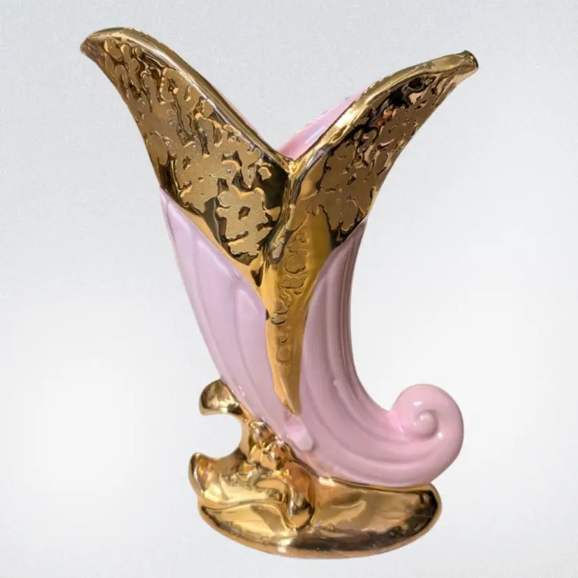 MCM - Savoy- Weeping Gold /pink - Cornucopia Horn Vase- 6”