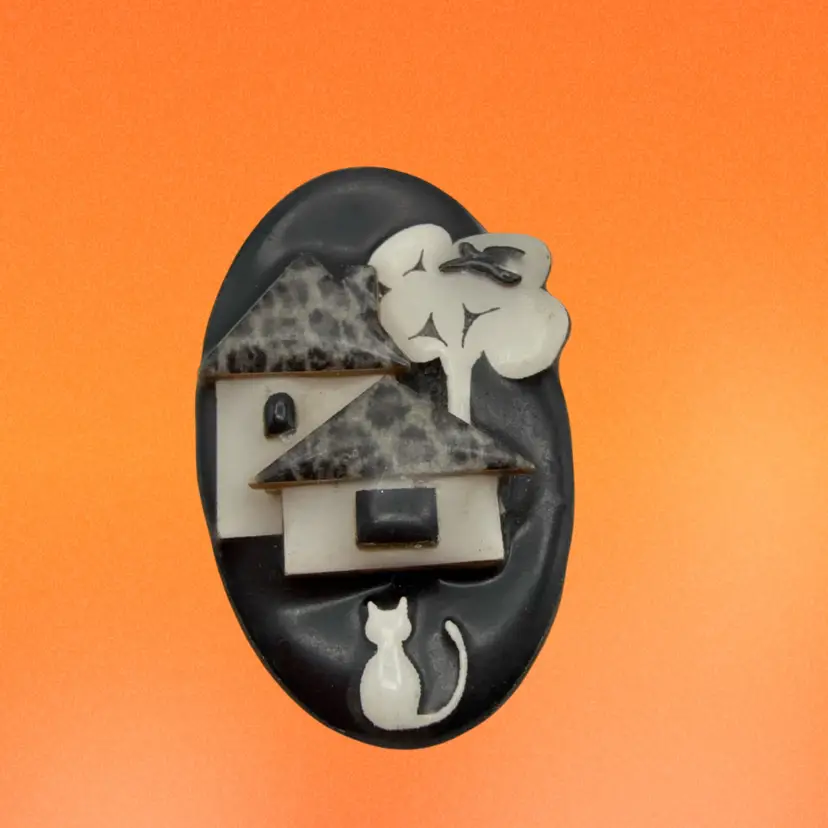 Lucinda House Pin - Rare Oval Halloween Theme , Cat, Crow & Leopard Print 2”