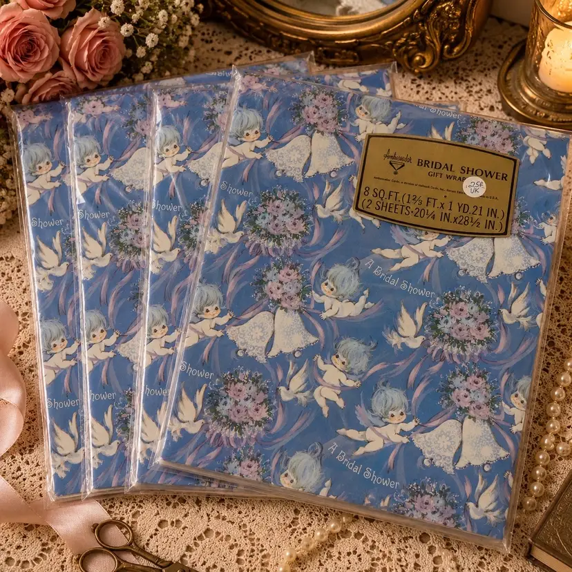 Vintage Ambassador Bridal Shower Gift Wrap Paper NOS Lot of 4 Sealed Cherubs