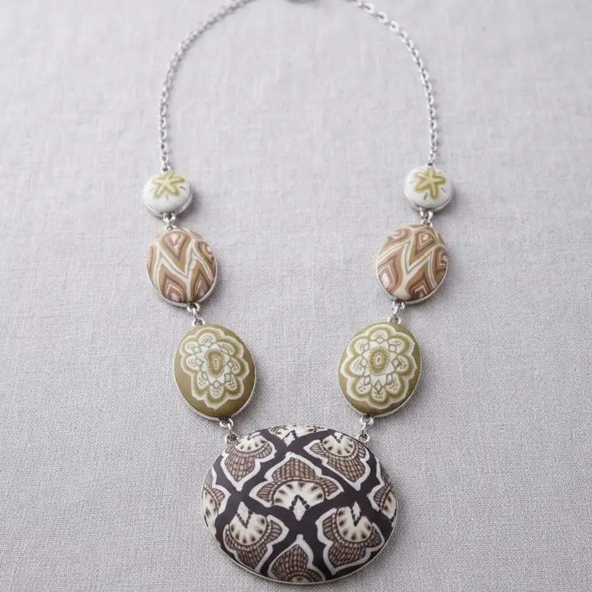 Jilzarah Clay Statement Necklace Brown Tan Geometric Pattern Silver-Tone Toggle Clasp