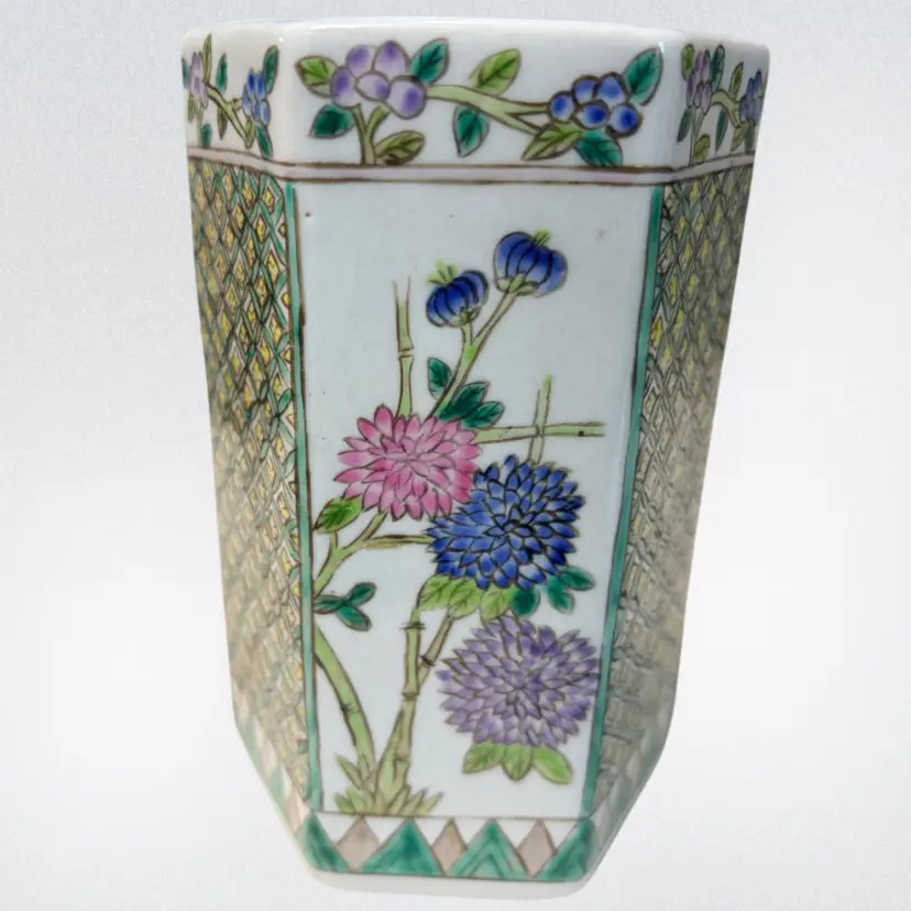 Vintage Chinese Famille Rose Hexagonal Porcelain Brush Pot-  6 Inch