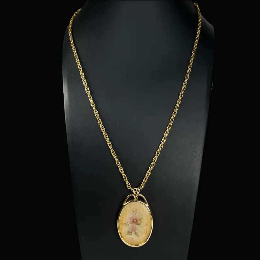 2” Reverse Painted Pink Floral Pendant w 23” Gold-tone Chain. Victorian Style Necklace. 13-1/2” Drop Length.