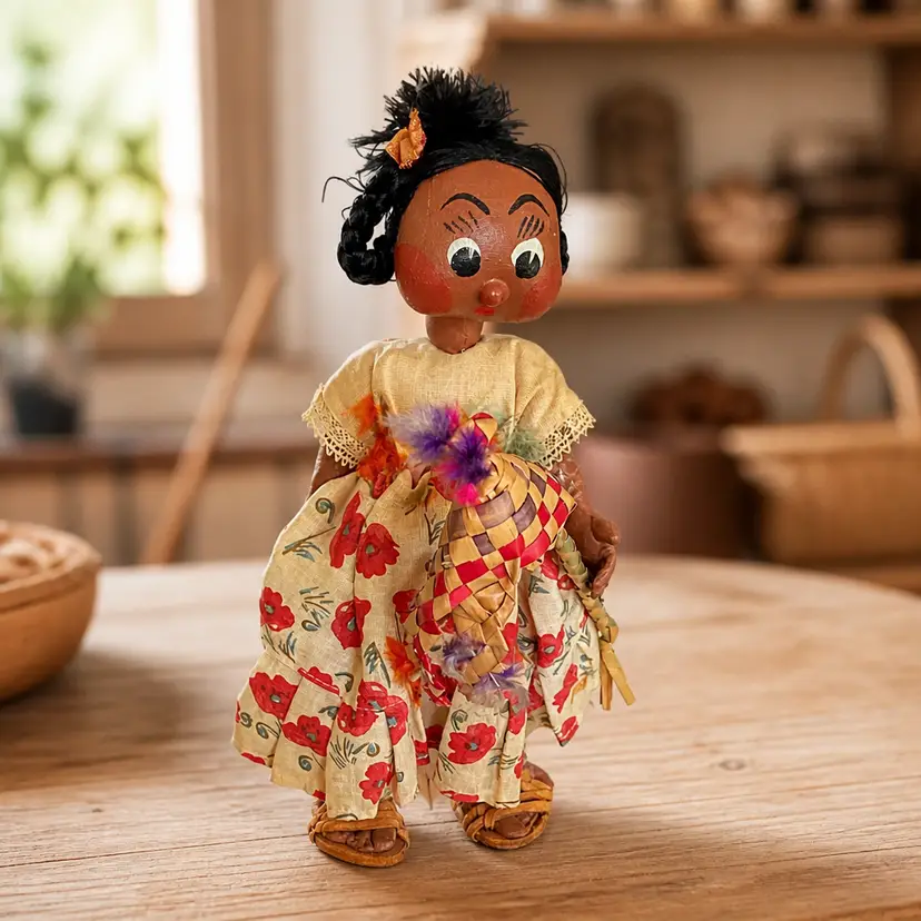 Vintage Hand Painted Mexican Paper Mache Female Doll, 10.5"