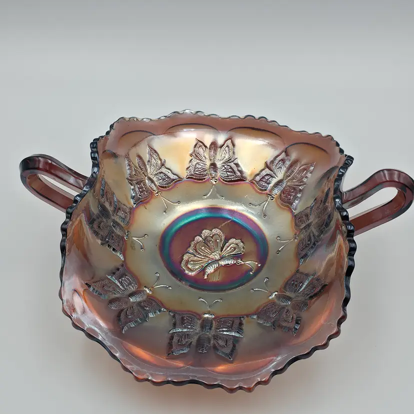 Antique Fenton Butterflies Amethyst Carnival Glass Card Tray/ BonBon